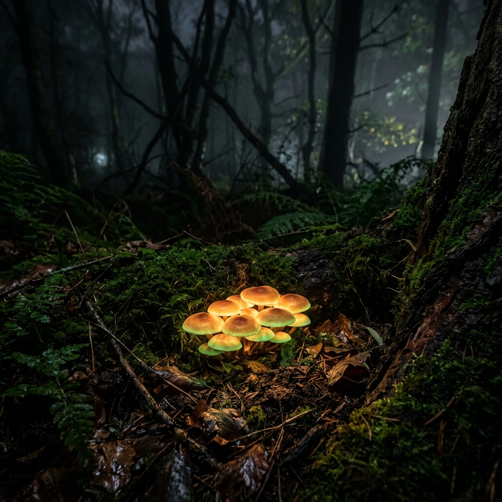Cogumelos bioluminescentes em floresta escura